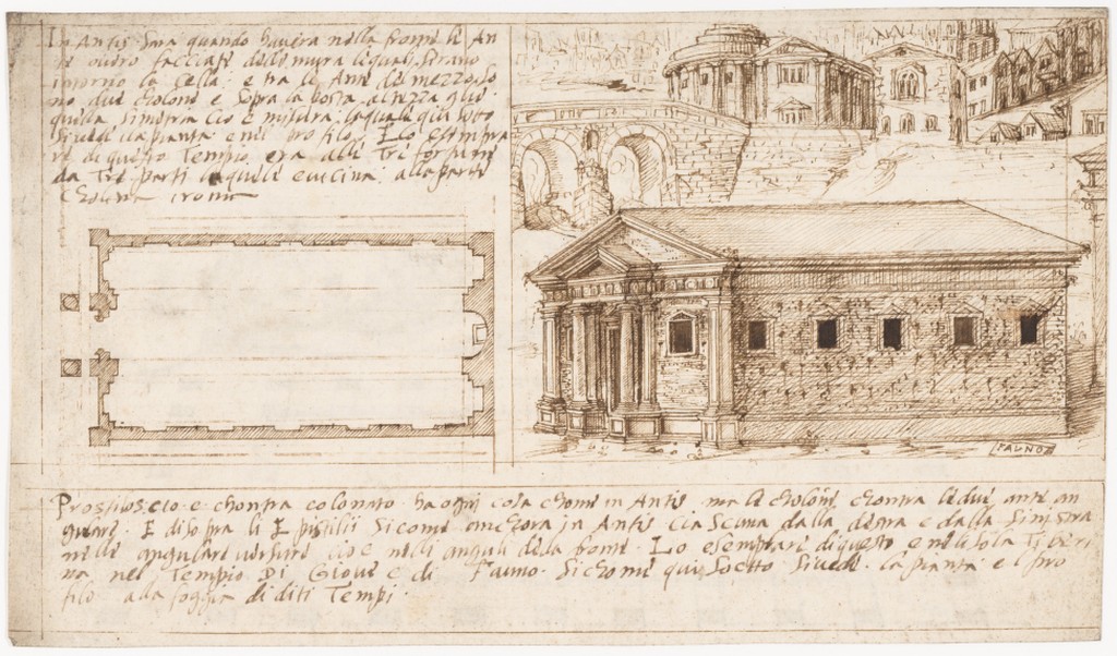 Ink Drawing of city, building and plan. Creator Attributed to a member of the Original Treatise Written by Sangallo family Marcus Pollio Vitruvius (Florence, ca. 1530-1545 Roman, active late 1st century B.C.) Title Recto: Temple Types: in Antis and Prostyle (Vitruvius, Book 3, Chapter 2, nos. 2, 3); Verso: Temple Types: Peripteral (Vitruvius, Book 3, Chapter 2, no. 5). Work Type Manuscript Drawing Ornament & Architecture Drawings Ornament & Architecture Manuscripts Date 1530-45 Material Pen and dark brown ink Measurements Sheet: 6 1/8 x 10 1/2 in. (15.5 x 26.6 cm) Repository The Metropolitan Museum of Art