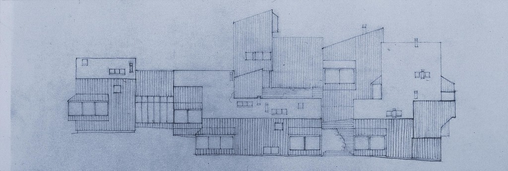 Elevation drawing of Wood framed Condos at Sea Ranch.Creator Moore, Charles Willard, 1925- Title Sea Ranch: Condominiums elevation: W side Date 1963-65 Location Sea Ranch (Calif.) Subject Sea Ranch (Calif.)--Condominiums Apartment houses Architecture:Artist--United States--20th C A.D Collection ARTstor Slide Gallery Source Data from: University of California, San Diego