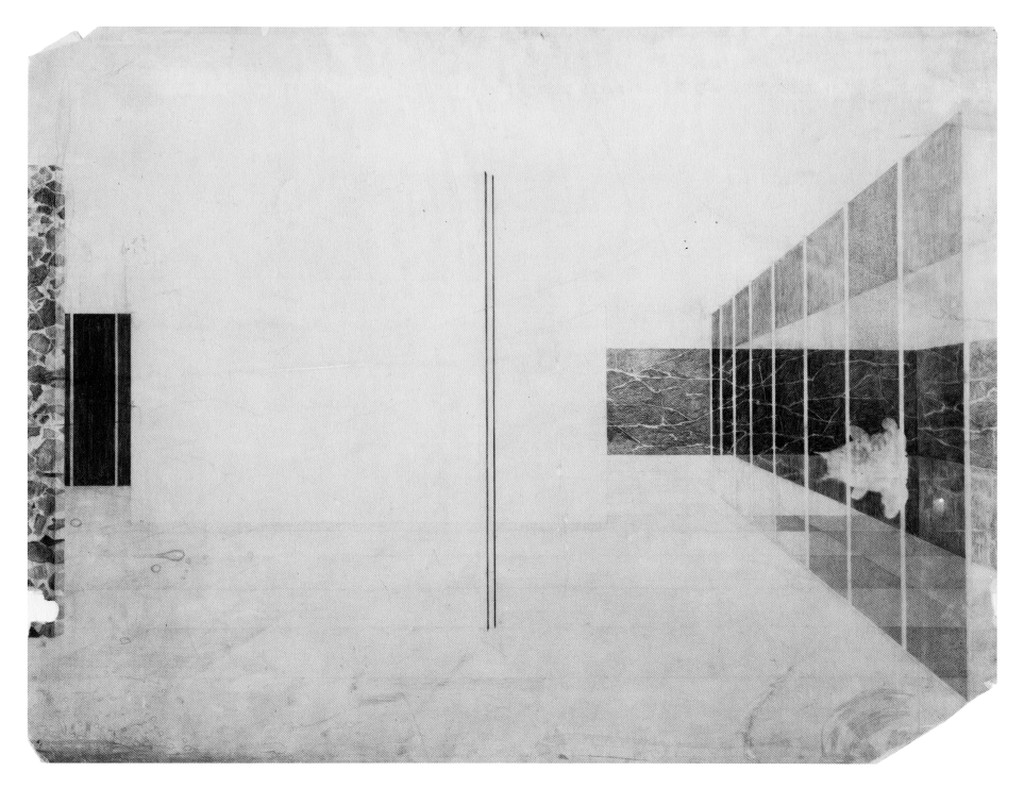 Black and White Conceptual drawing showing walls and planes in a pavilion. Creator Mies Van der Rohe, Ludwig Title German Pavilion Barcelona Pavilion Date 1929 Location Barcelona, Spain Latitude: 41.370556 Longitude: 2.15 Description Interior perspective