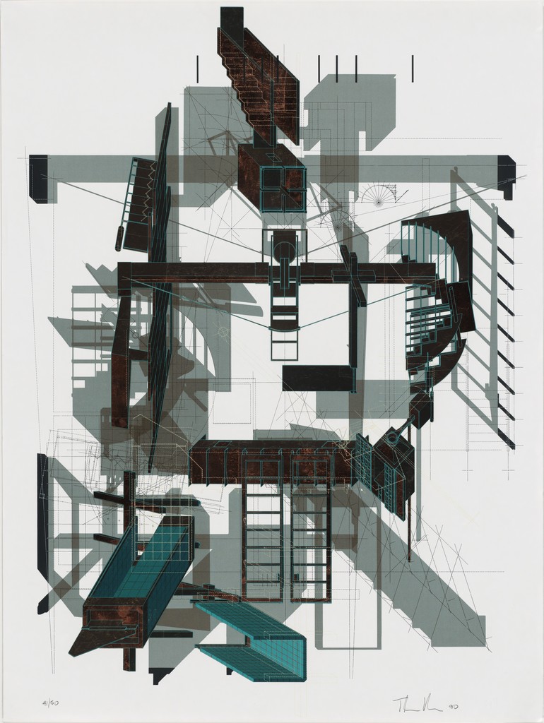Creator Thom Mayne, (Artist), American, born 1944 John Nichols, (Printer), Title Sixth Street House, project Santa Monica, California Isometrics and plan Work Type Architectural Drawings Date Drawing date: 1990 Project date: 1986-87 Material Screenprint with metal foil on paper Measurements 40 x 30" (101.6 x 76.2 cm) Description Unbuilt A revised version of the Sixth Street House was eventually built in 1997 Thom Mayne, Principal. Project team: Kim Groves, Charlie Scott, Zago, Maya Shimoguchi, Joey Shimoda, and Tim Swischuk Drawing Credit: Thom Mayne with Selwyn Ting and John Nicholas Printmakers Edition: 41/50 Excerpt from Envisioning Architecture catalogue (essay by Tina diCarlo): "Thom Mayne's drawing for the Sixth Street House invokes architectural conventions only to surpass their limitations. By collapsing plan, elevation, and detail through juxtapositions of scale, obliquity, projection, and rotation, Mayne challenges the historical view of drawing as a passive medium at the service of architecture. Mayne's design involves inserting eleven found machinery parts into a shell wrapping a preexisting bungalow (his own). Reworked into functional elements-staircase, fireplace, shower-these parts, Mayne claims, would bring invention to the site and have "the capacity to embody in built form an imagined prehistory of a place, a contemporary archaeology (past and future) and its subsequent transmission across time." This drawing, which layers a 1:24 detail and a 1:16 elevation or section over a 1:16 plan, functions similarly. The steel parts-represented by cutouts of metallic foil-appear as if unearthed, pulled out one by one, rotated, examined, and set aside, leaving behind the gray traces of their impression. Reassembled like cogs in a wheel, they become constructions of reinvented form. Mayne is a founding member of both the Santa Monica architectural firm Morphosis and the Southern California Institute of Architecture. His work recalls the machine aesthetic of the early-twentieth-century avant-garde and the archaeological and genealogical methods of Michel Foucault. Originally conceived as the terminus of his investigation-that is, as architecture-Mayne's drawings mimic the parts (found objects) that he reappropriates-each of them, as Mayne says, something "simultaneously 'a part of' its context . . . while isolated, detached, disquieting, critical, and untrustful of the world 'as it exists.