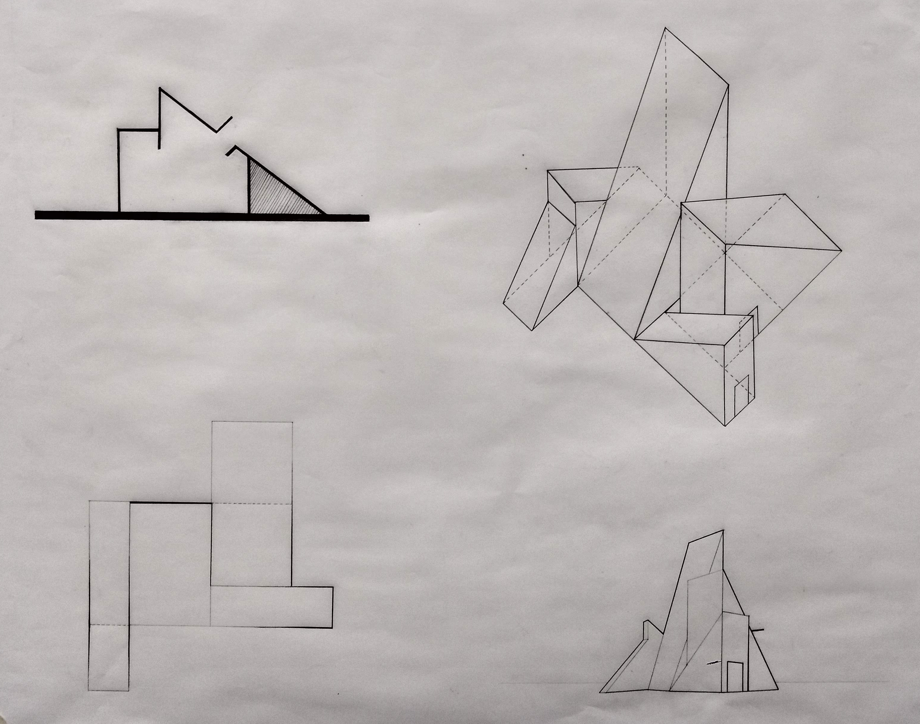 section, plan, axon and perspective drawing of INTD 25 model by Paloma Paredes